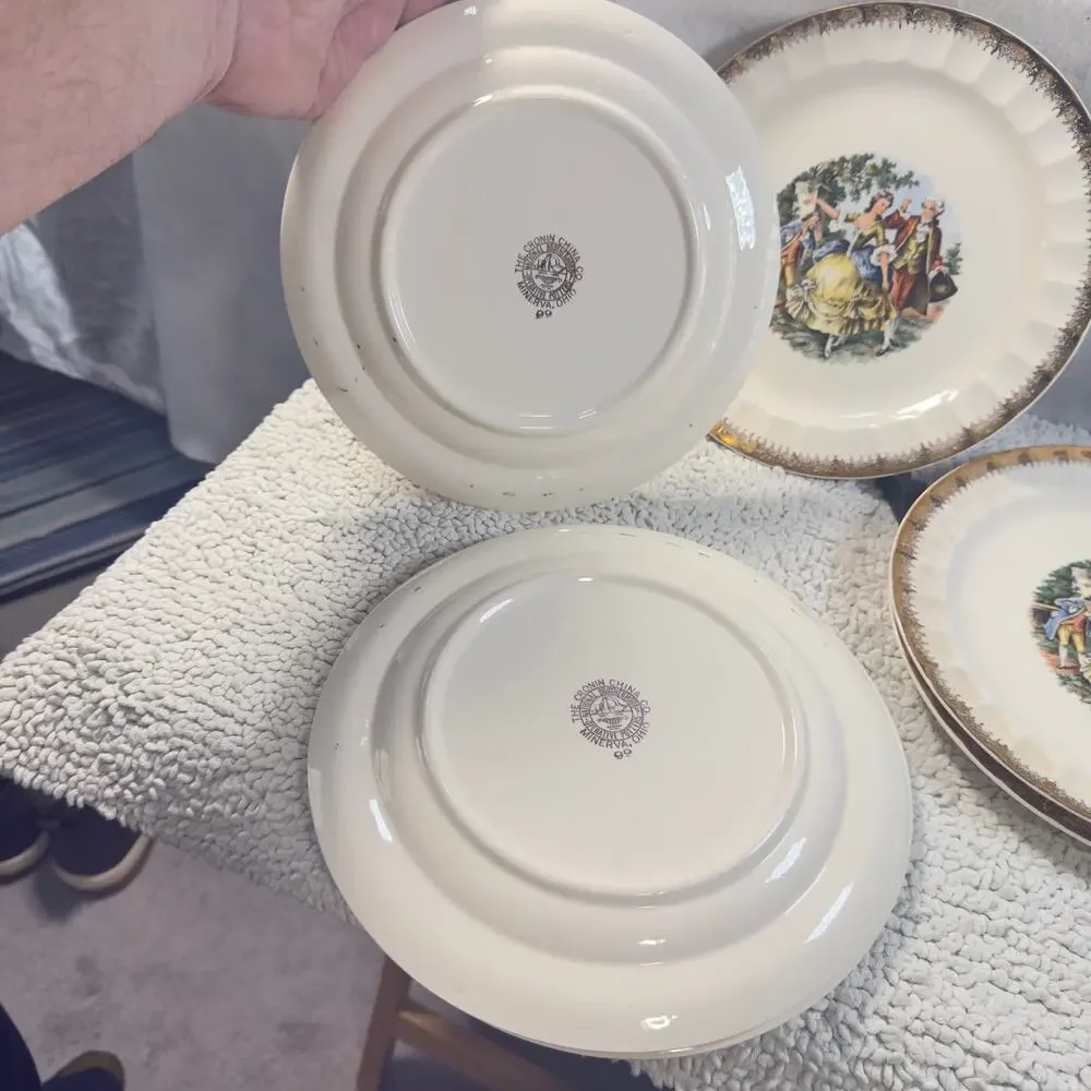 Vintage Cronin China Minerva Oh 9” Luncheon Plate Colonial Gold Rim USA Set of 7
